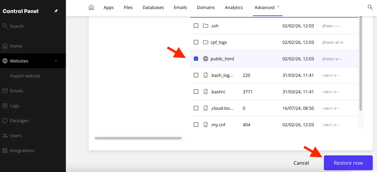 select public_html click restore button