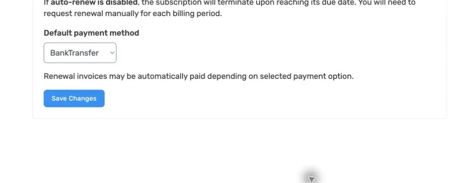 Default payment method, automatic-payment notice, and Save Changes button