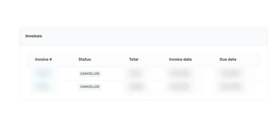 Current related-invoices table with invoice identifiers, totals, and dates obscured