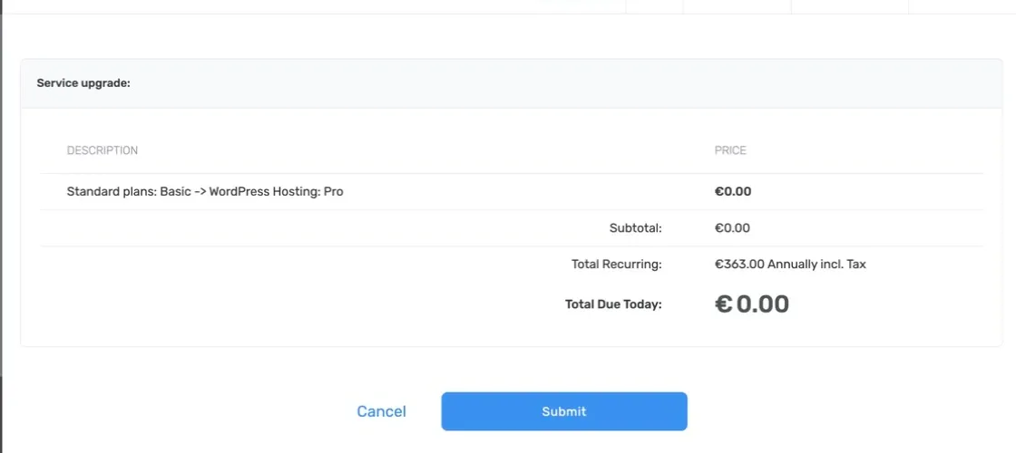 Service upgrade review with the plan change, recurring total, amount due today, and Submit button
