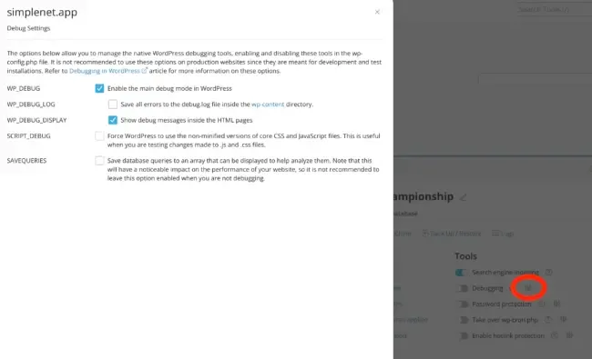 Advanced debug settings in cPanel