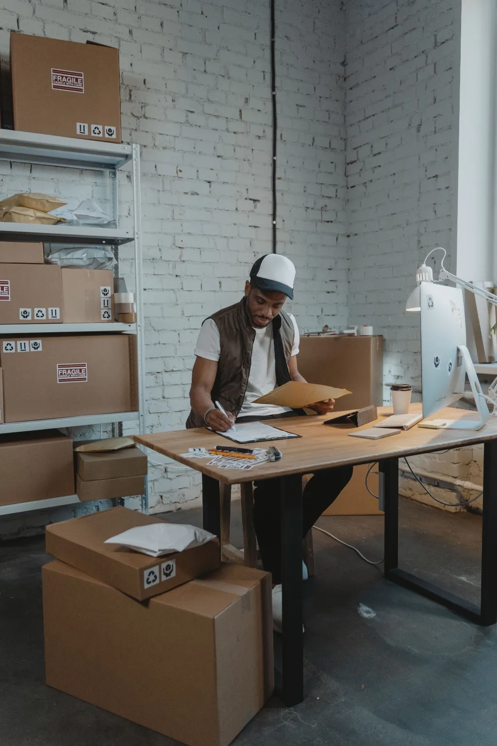 A seller labels a parcel at a desk in a brick-walled stockroom stacked with shipping boxes.