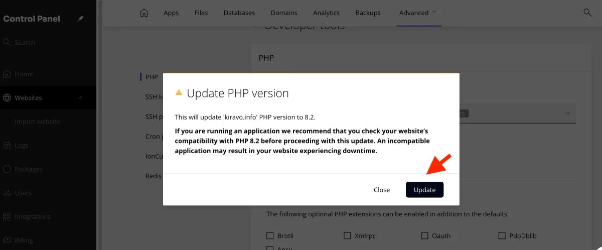 Update button in the PHP version section