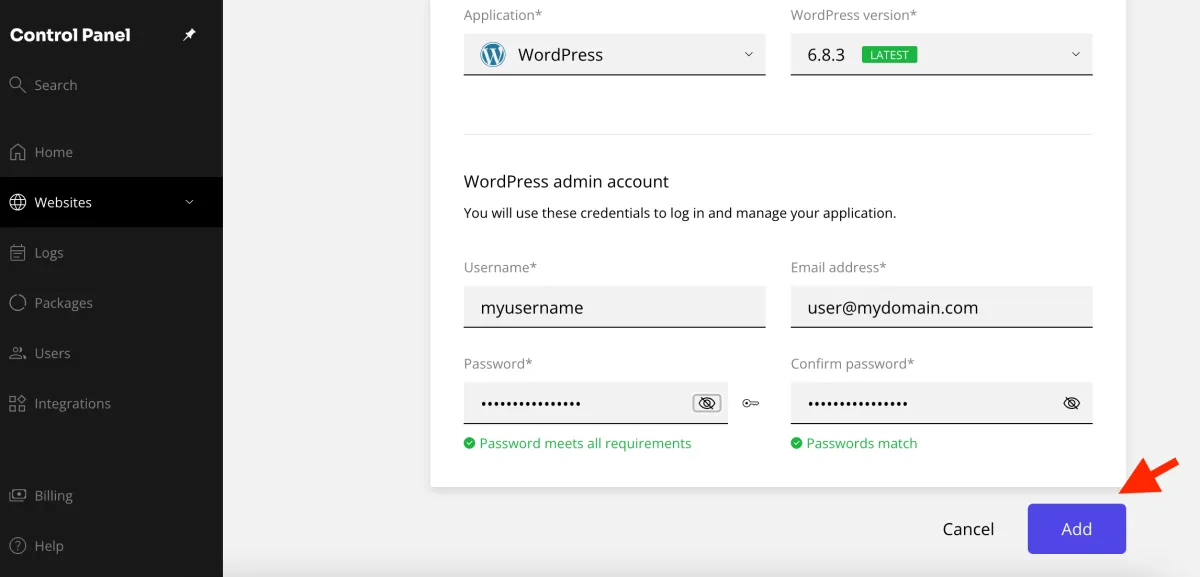 WordPress account details