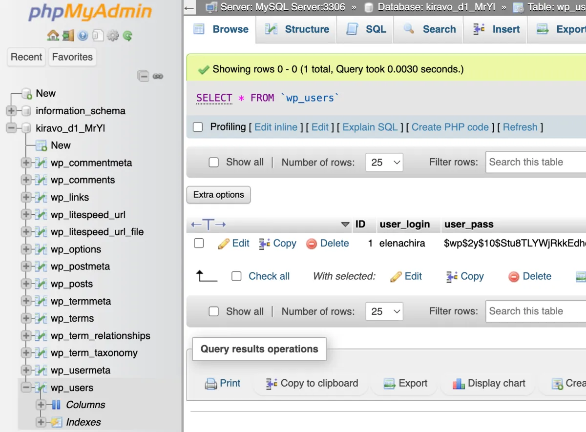website users in phpMyAdmin
