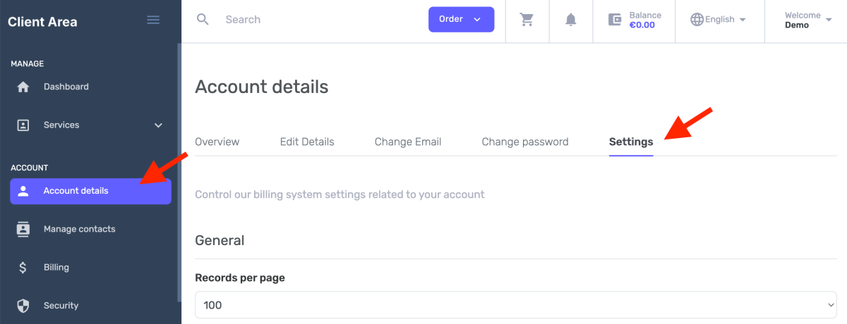 account details settings