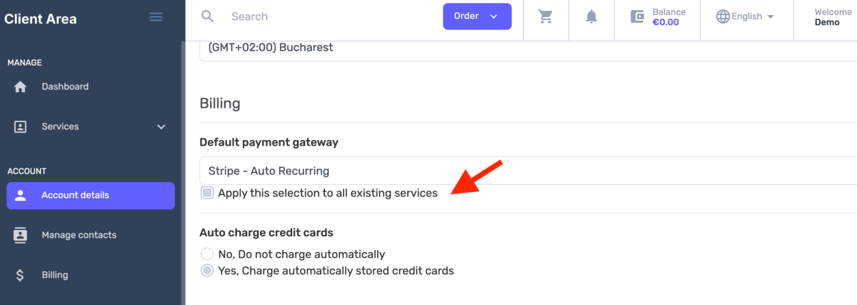 apply this selection to all existing services