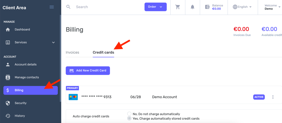 billing credit card section