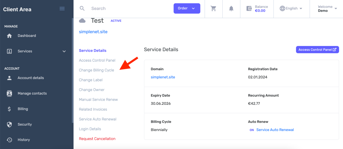 look for change the billing cycle option and click on it
