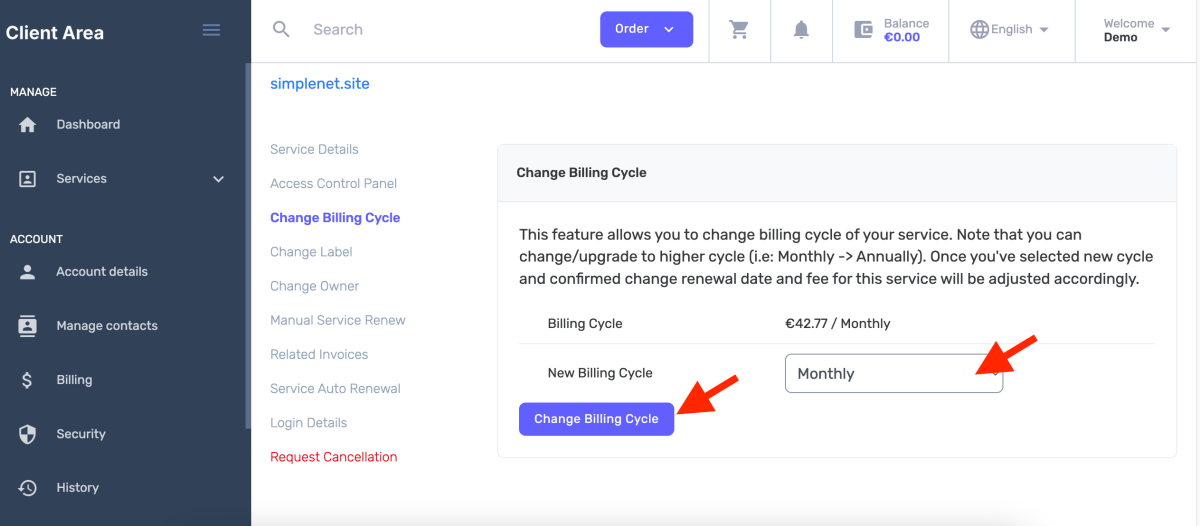 choose the billing cycle you want, then press the Change Billing Cycle button