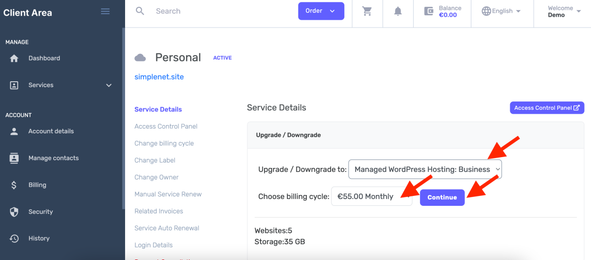 choose the hosting plan, the billing cycle, then click the Continue button