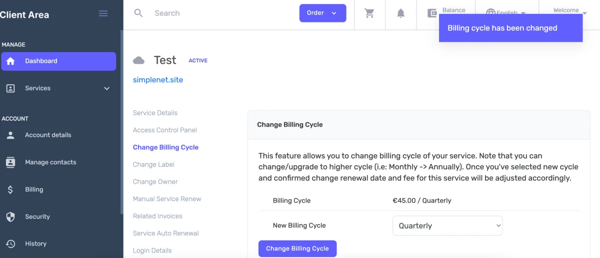 confirmation for changing the billing cycle