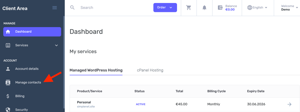 in the Dashboard, go to Manage contacts