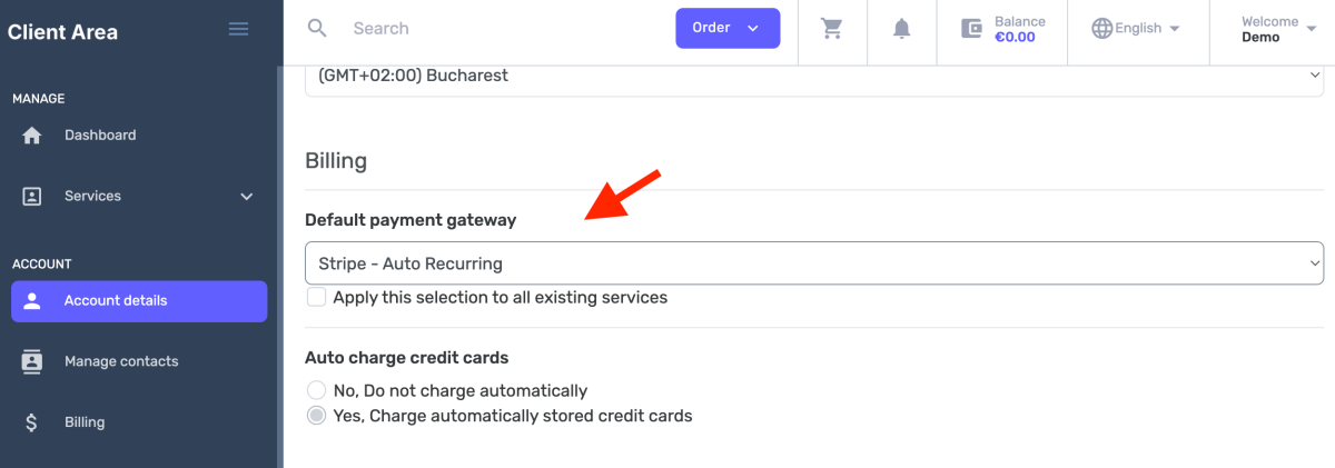 default payment gateway option, select stripe - auto recurring