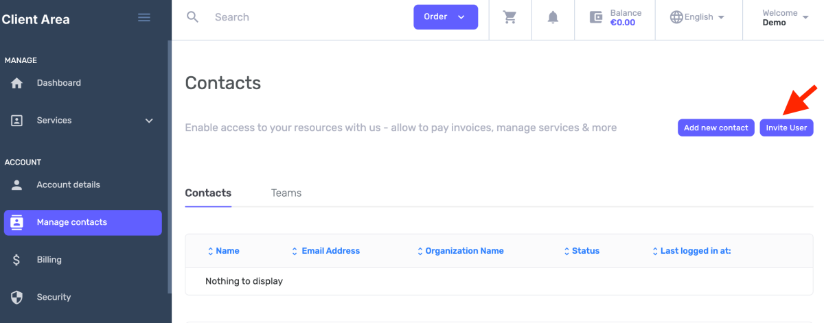 invite user button