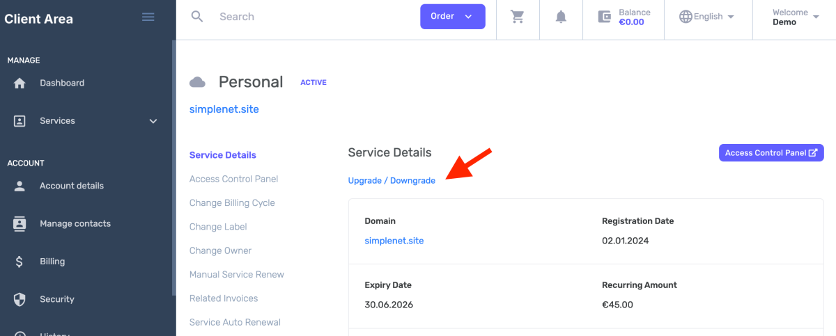 upgrade downgrade hosting service
