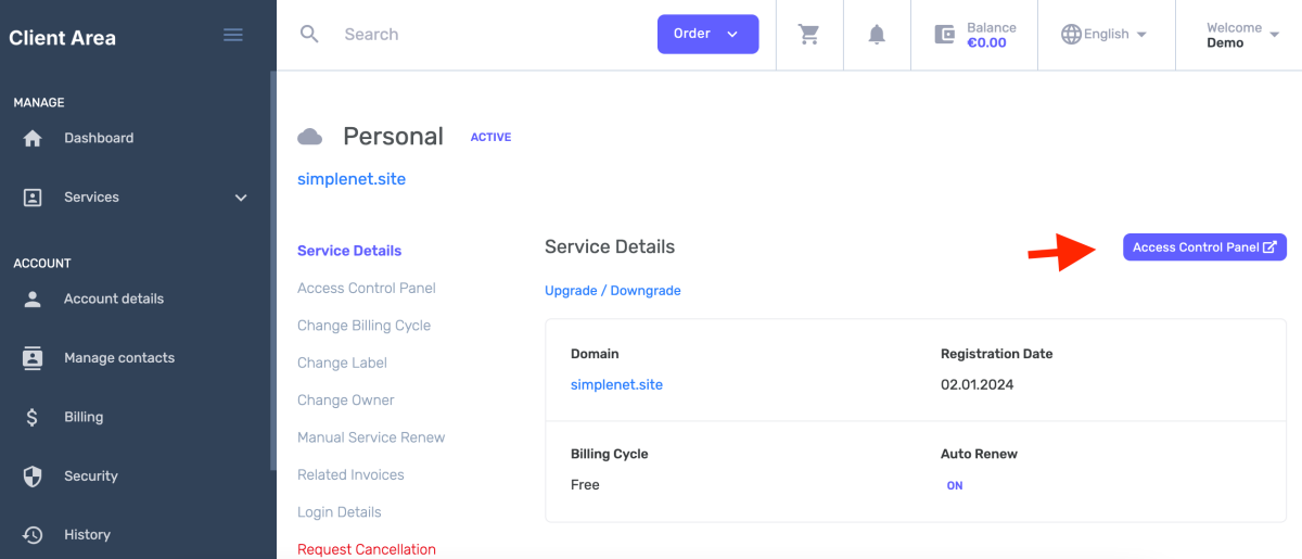 access Control Panel button