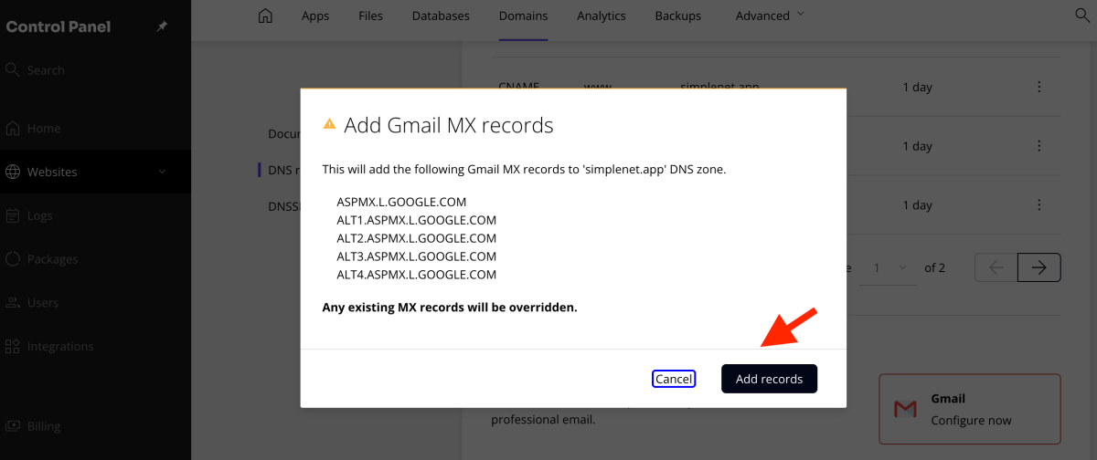 add records button for Gmail