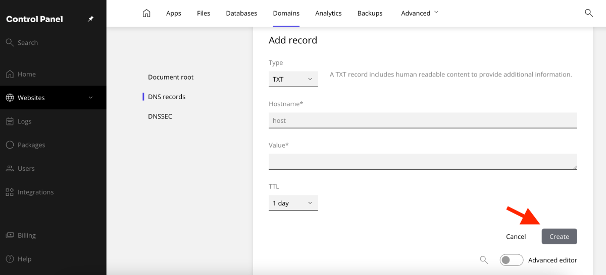 create DNS record button