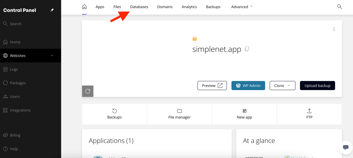 databases section in the kiravo control panel