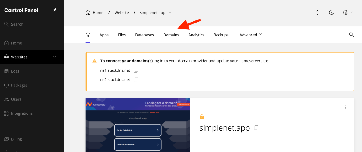 domains section on kiravo control panel
