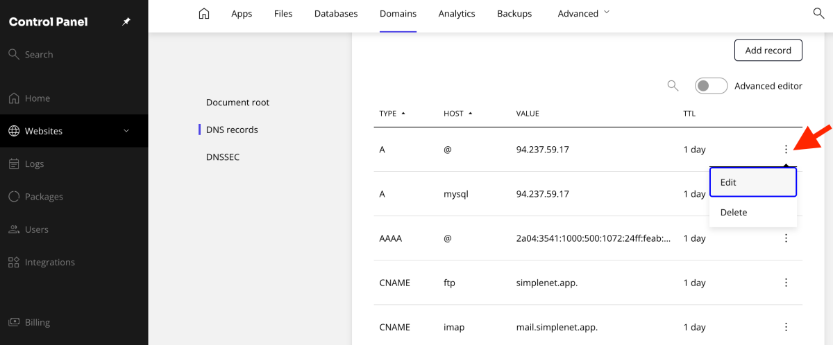 edit delete options for the DNS records