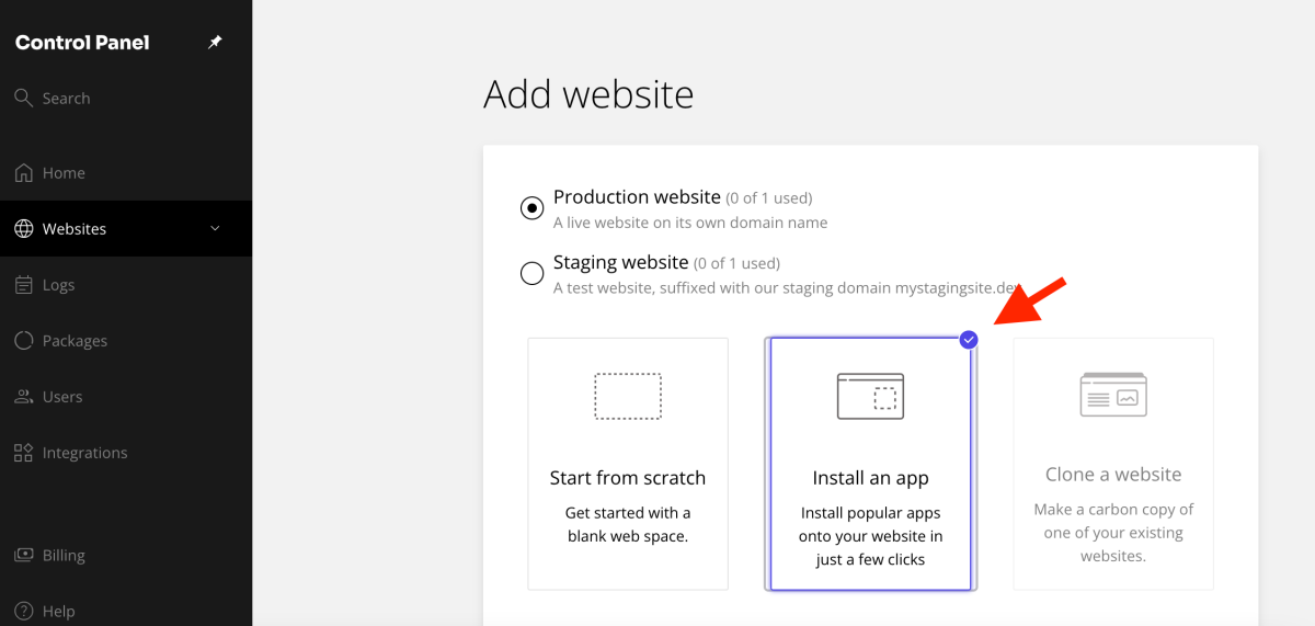 choose Install an App option in the Kiravo control panel