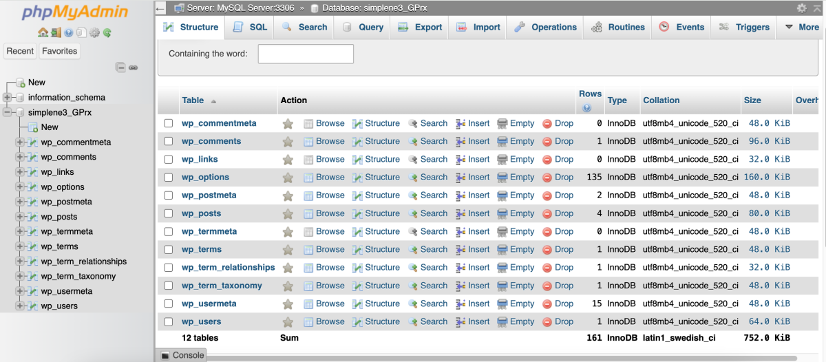 interfața PhpMyAdmin
