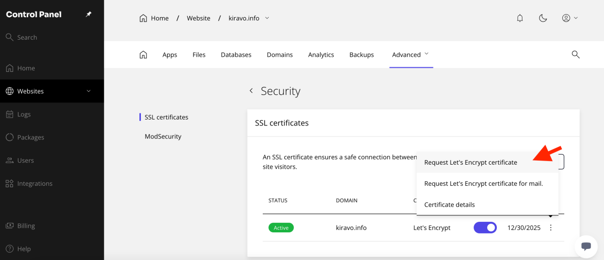 request Let's Encrypt certificate SSL manually