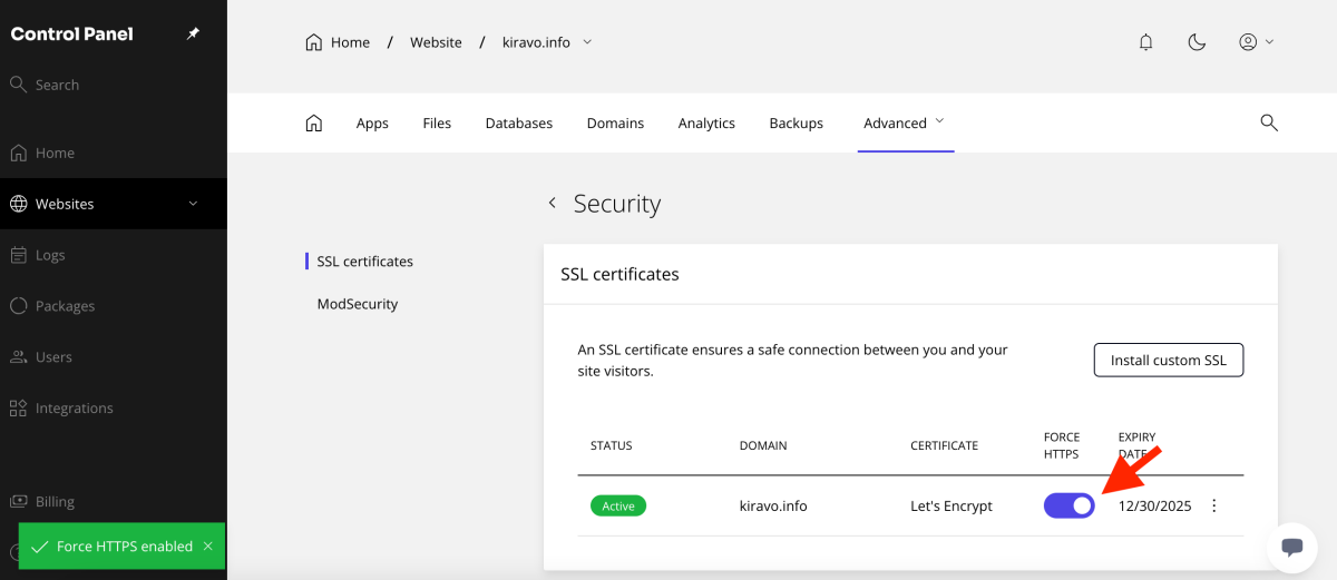 toggle force https ON in the Security section of Kiravo Control Panel