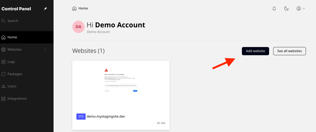 add website button in the control panel