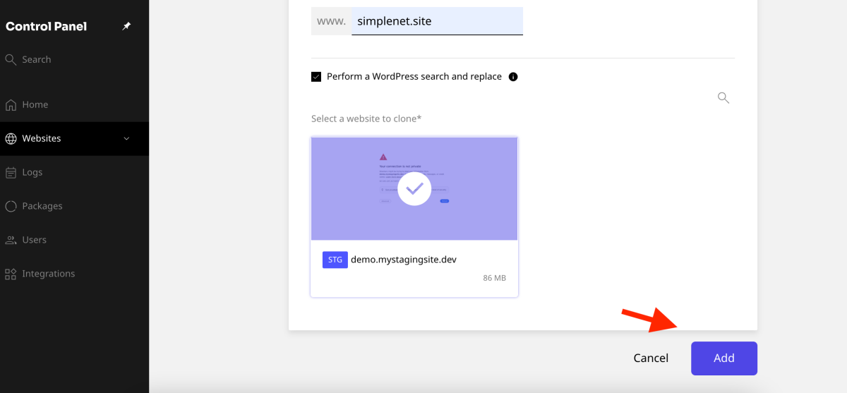 select server, fill domain name, click add button