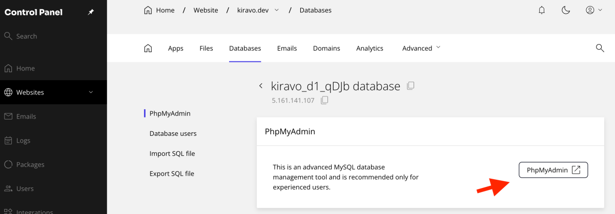 click on the PhpMyAdmin button