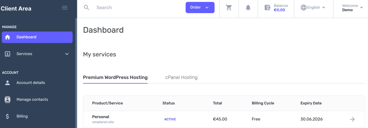 dashboard client area