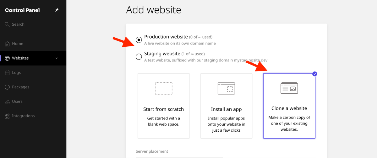 choose between production website or staging website, push clone a website
