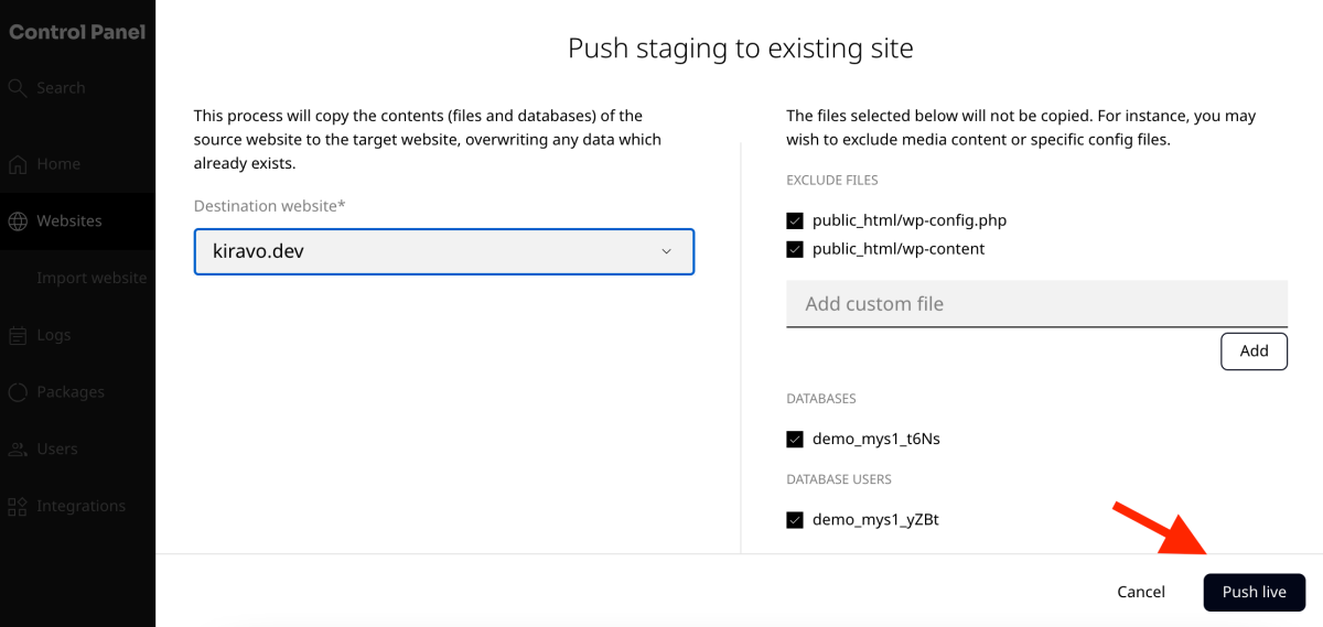 push live to an existing website
