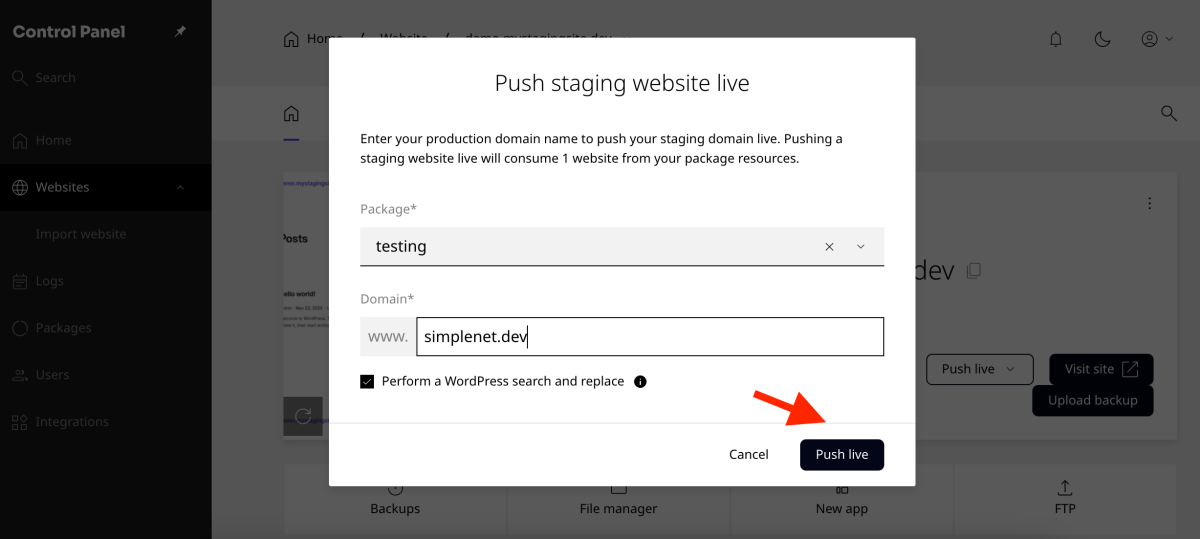 push live to a new domain