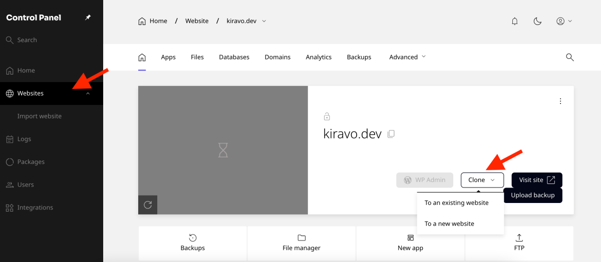 websites section in the control panel, click the site and push clone button