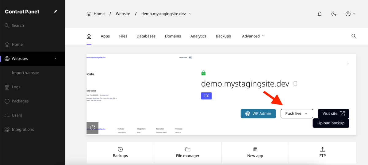 staging websites push live button