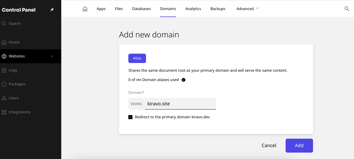 put alias domain name, check the redirect to primary domain, push add button
