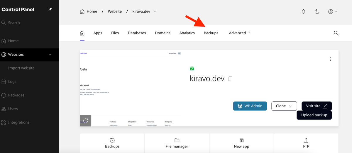 backups section in the kiravo control panel