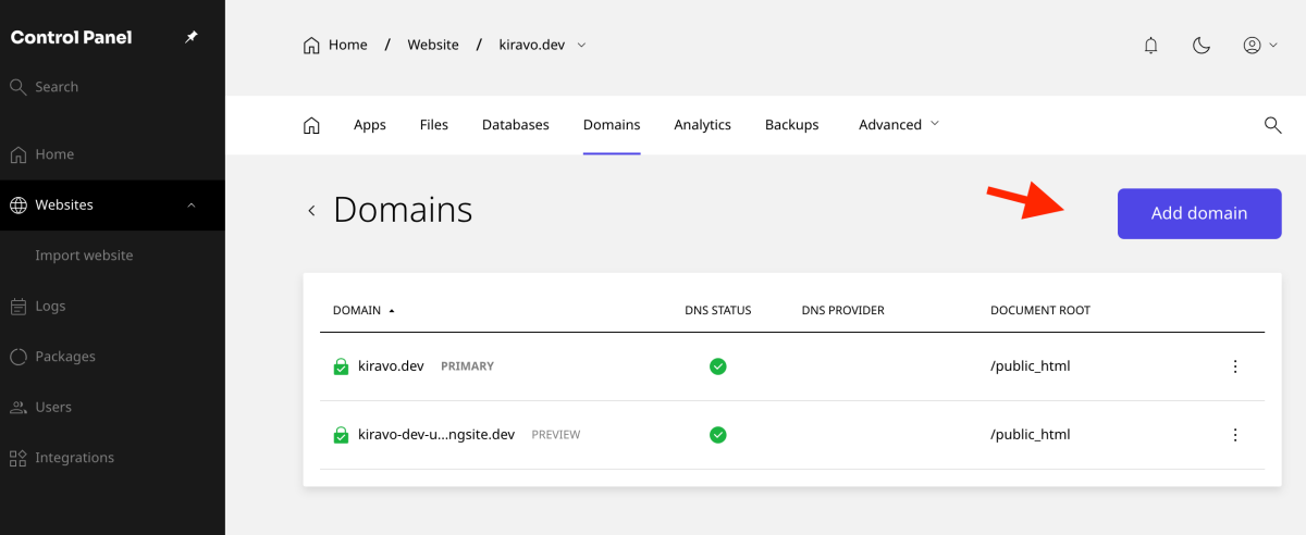 add domain button in the Domains section