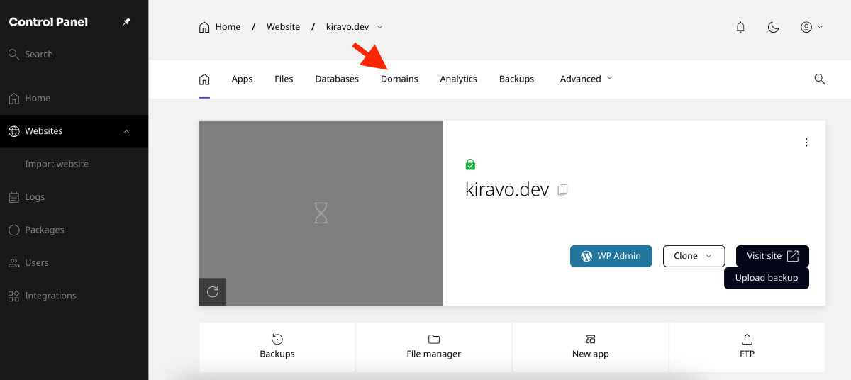 domains-section in the Kiravo hosting control panel