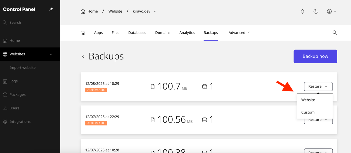 restore button for full website or custom