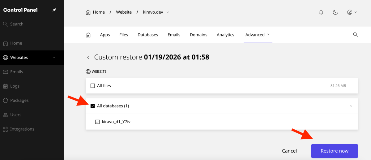 check the box for the database, click restore now button