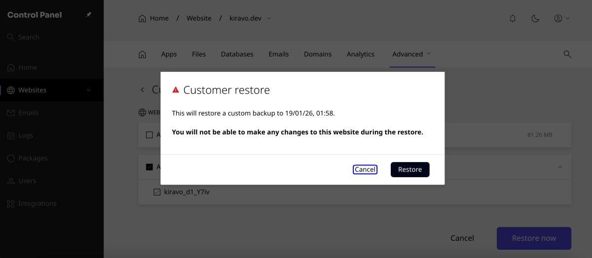 click restore button