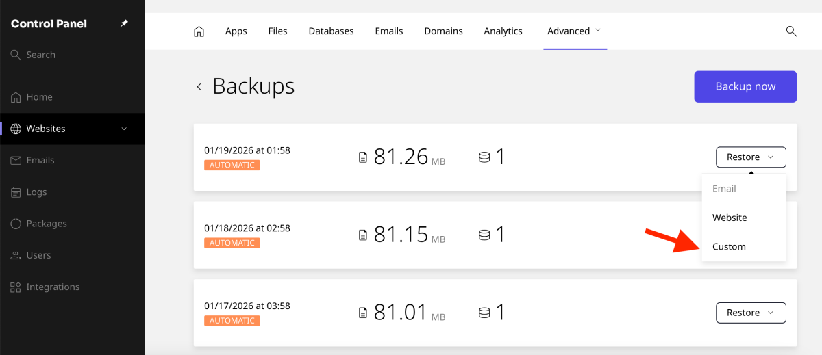 click restore custom