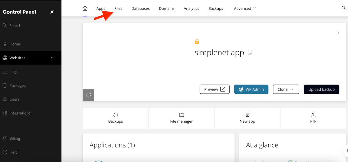 files section in the Kiravo hosting control panel