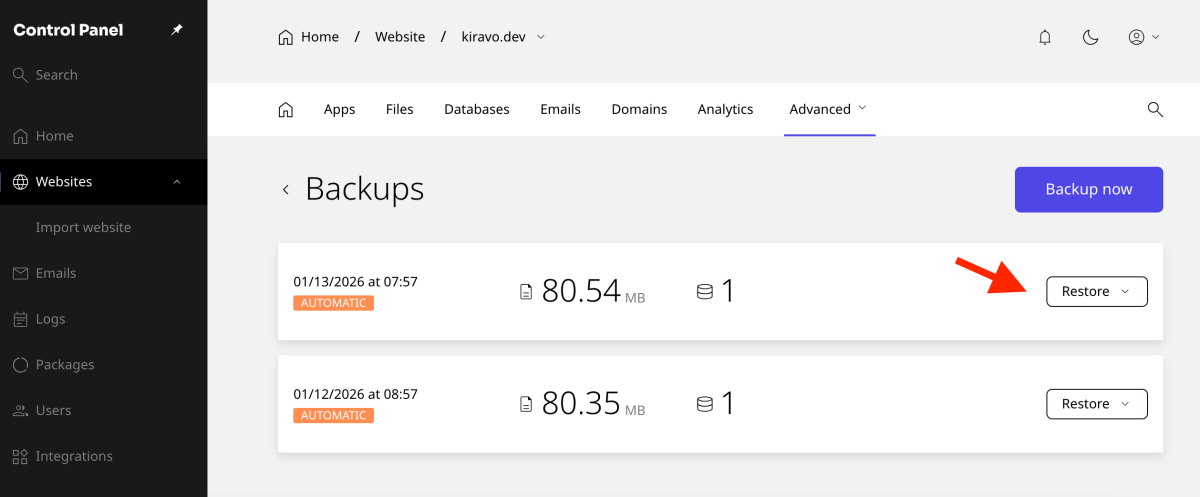 restore button in the backups section