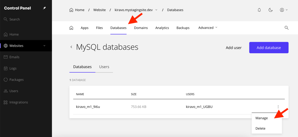 databases section, click Manage